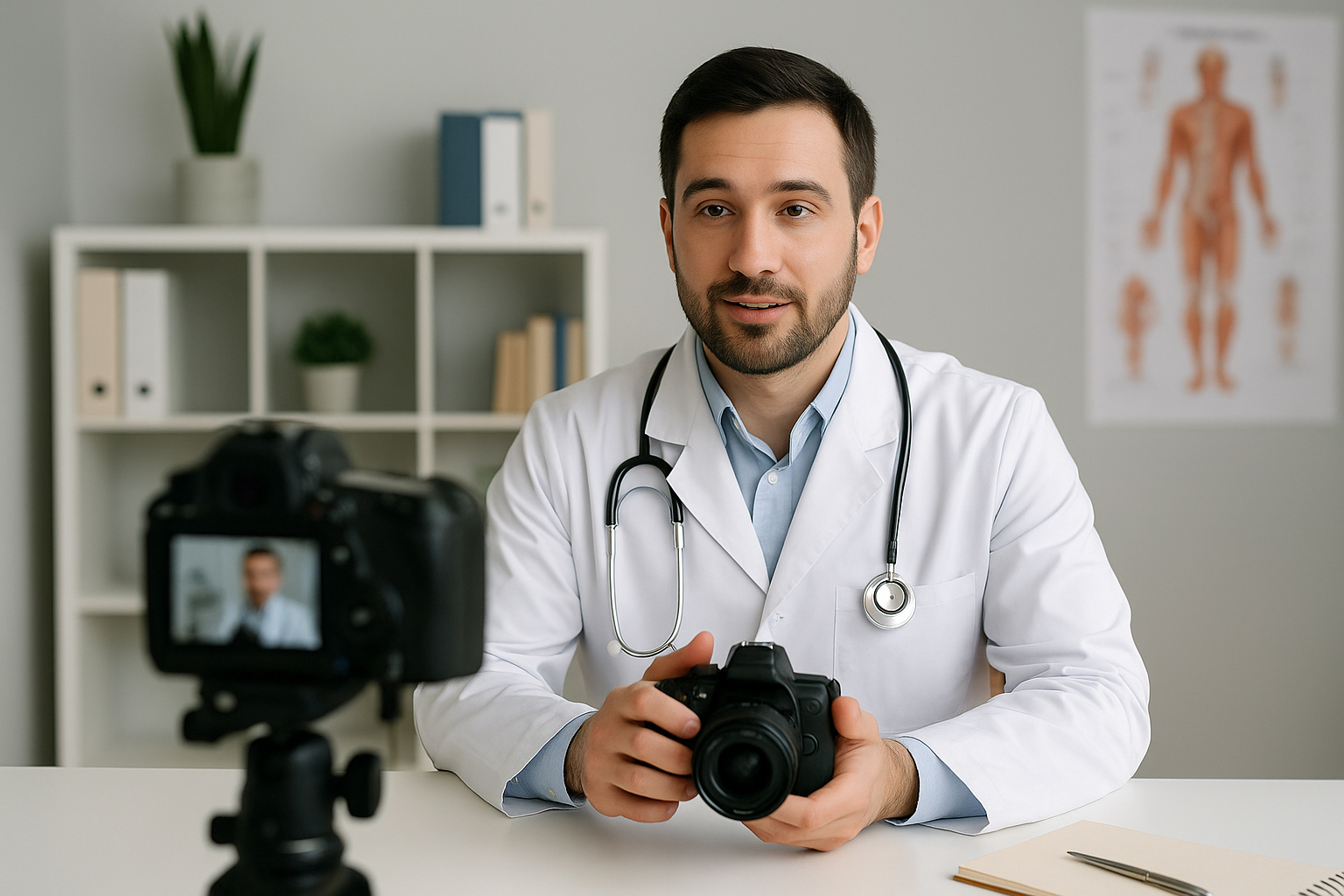 پزشکی در حال تولید محتوای پزشکی در اینستاگرام با موبایل

